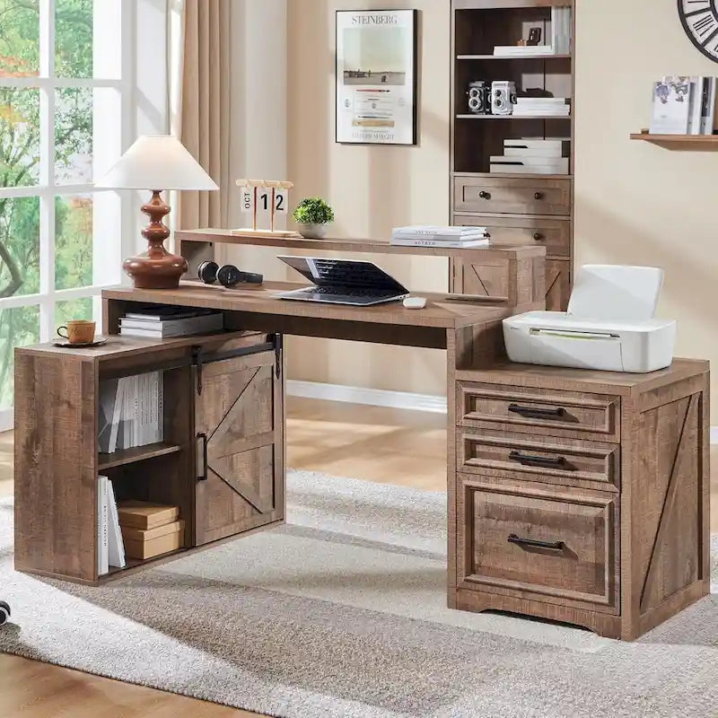 Black / Light Brown / White Farmhouse Computer Desk with File Cabinet, 1-Person