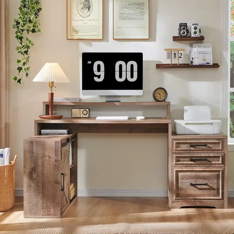Black / Light Brown / White Farmhouse Computer Desk with File Cabinet, 1-Person