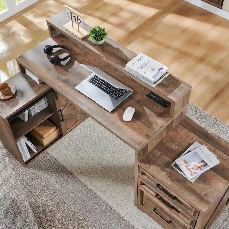 Black / Light Brown / White Farmhouse Computer Desk with File Cabinet, 1-Person