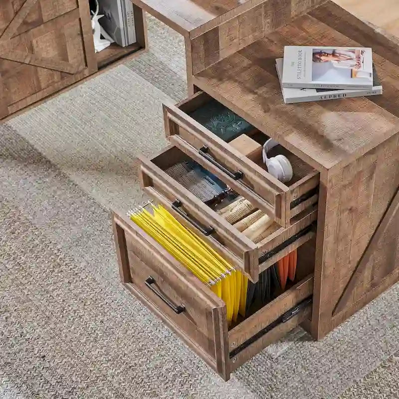 Black / Light Brown / White Farmhouse Computer Desk with File Cabinet, 1-Person
