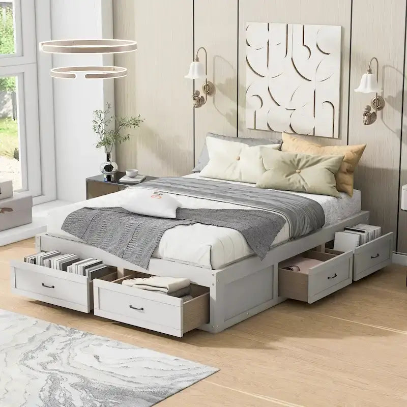 Antique White/Gray/Natural Queen Platform Bed with 6 Drawers, No Headboard