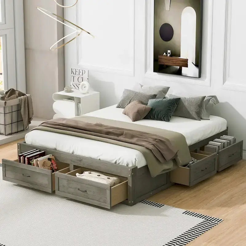 Antique White/Gray/Natural Queen Platform Bed with 6 Drawers, No Headboard