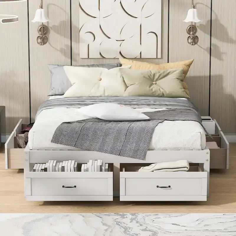Antique White/Gray/Natural Queen Platform Bed with 6 Drawers, No Headboard