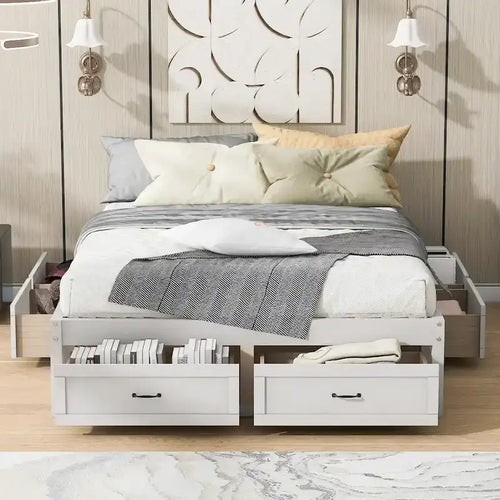 Antique White/Gray/Natural Queen Platform Bed with 6 Drawers, No Headboard