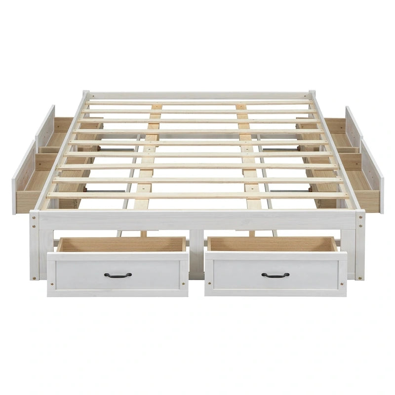 Antique White/Gray/Natural Queen Platform Bed with 6 Drawers, No Headboard