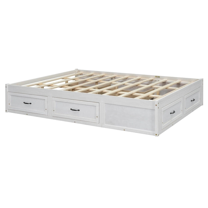 Antique White/Gray/Natural Queen Platform Bed with 6 Drawers, No Headboard