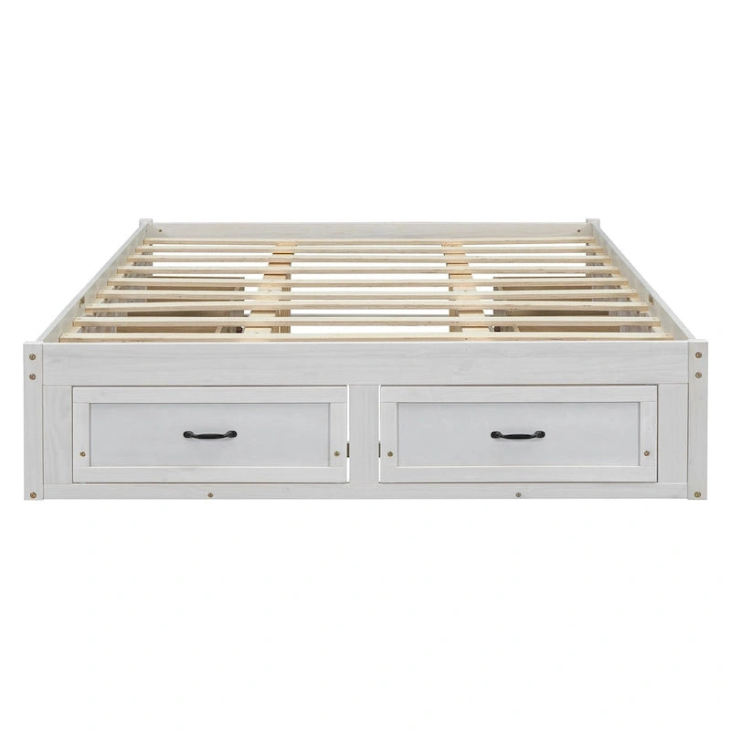 Antique White/Gray/Natural Queen Platform Bed with 6 Drawers, No Headboard