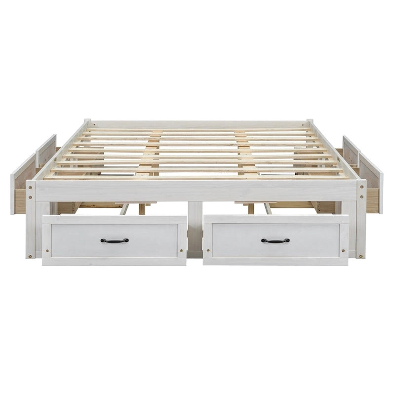 Antique White/Gray/Natural Queen Platform Bed with 6 Drawers, No Headboard