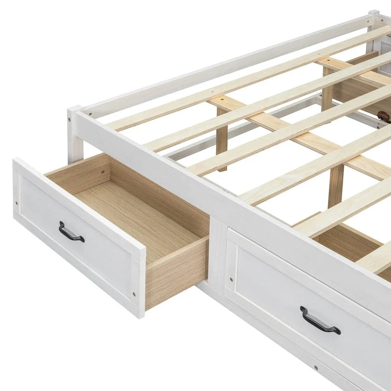 Antique White/Gray/Natural Queen Platform Bed with 6 Drawers, No Headboard