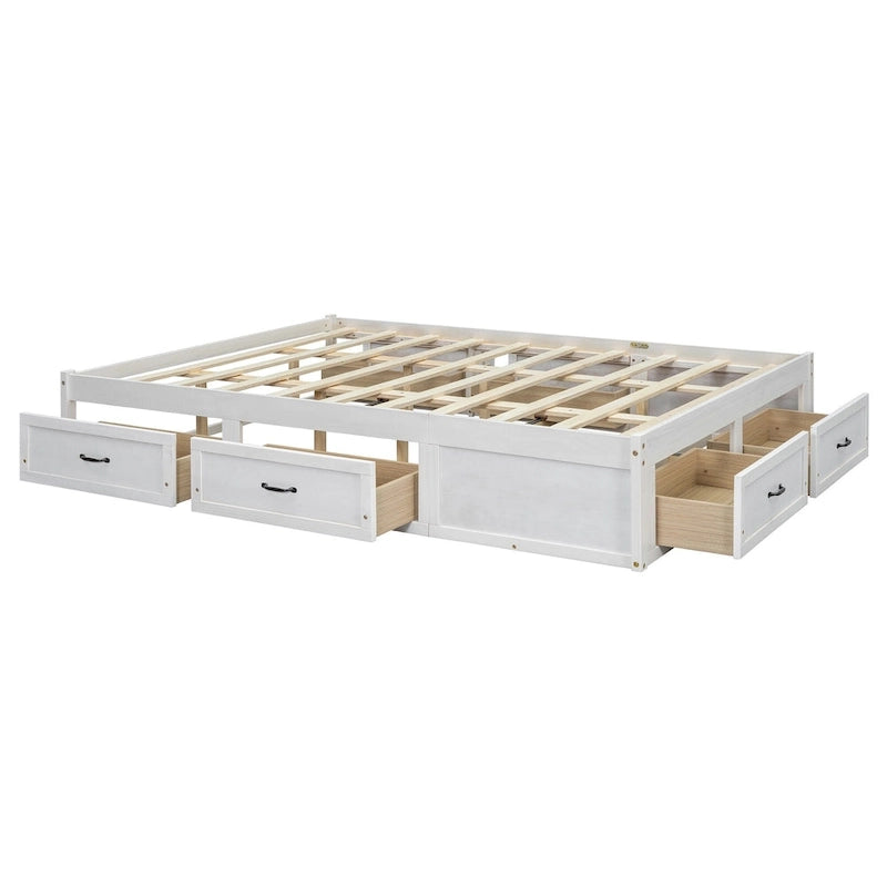 Antique White/Gray/Natural Queen Platform Bed with 6 Drawers, No Headboard