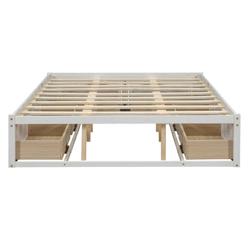 Antique White/Gray/Natural Queen Platform Bed with 6 Drawers, No Headboard