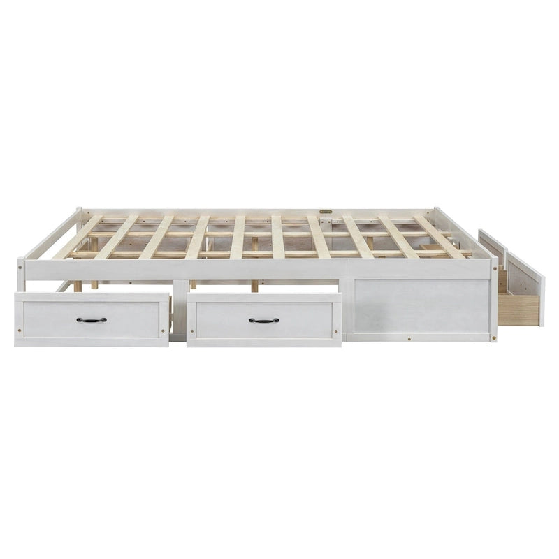 Antique White/Gray/Natural Queen Platform Bed with 6 Drawers, No Headboard