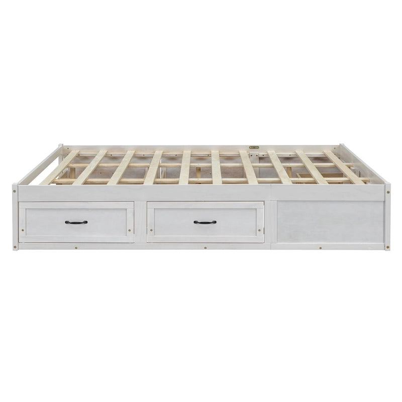 Antique White/Gray/Natural Queen Platform Bed with 6 Drawers, No Headboard