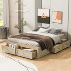 Antique White/Gray/Natural Queen Platform Bed with 6 Drawers, No Headboard
