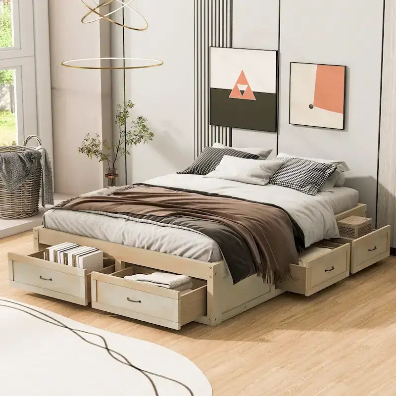 Antique White/Gray/Natural Queen Platform Bed with 6 Drawers, No Headboard