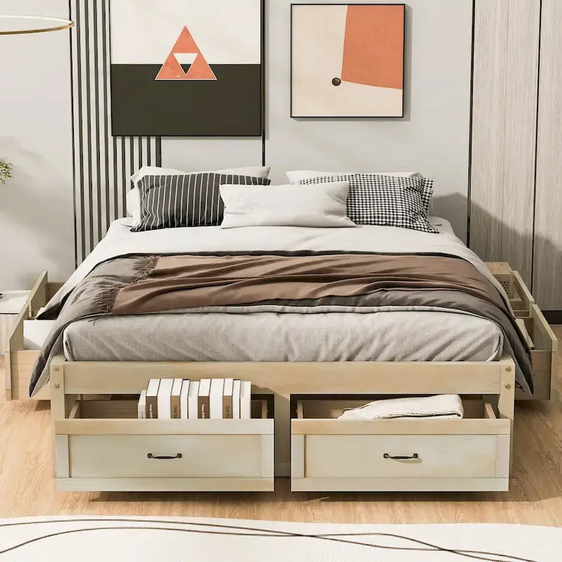 Antique White/Gray/Natural Queen Platform Bed with 6 Drawers, No Headboard