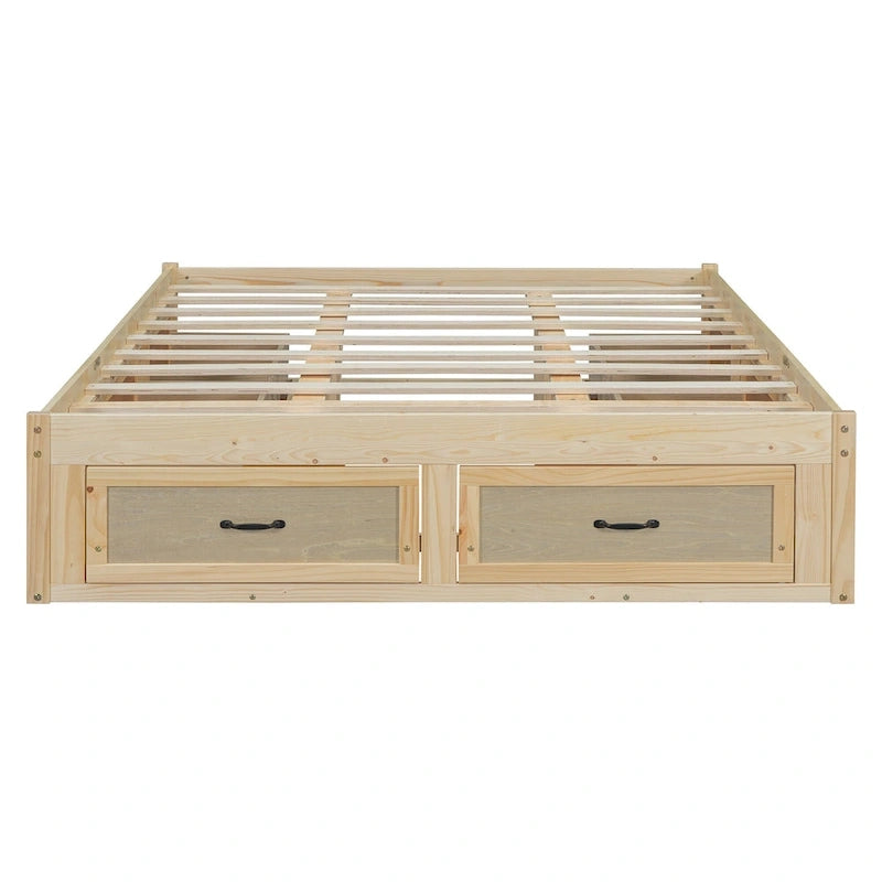 Antique White/Gray/Natural Queen Platform Bed with 6 Drawers, No Headboard
