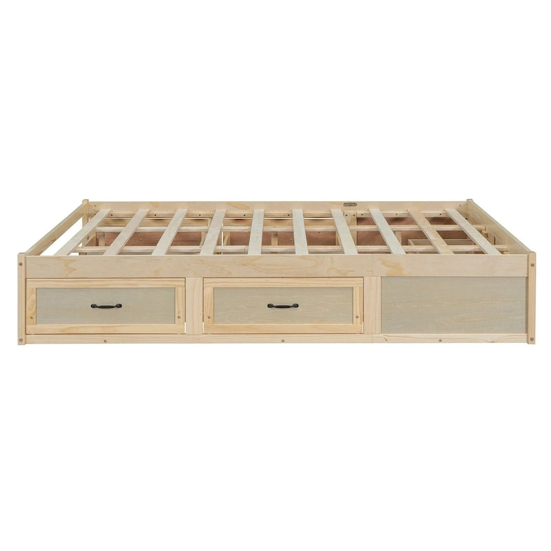 Antique White/Gray/Natural Queen Platform Bed with 6 Drawers, No Headboard