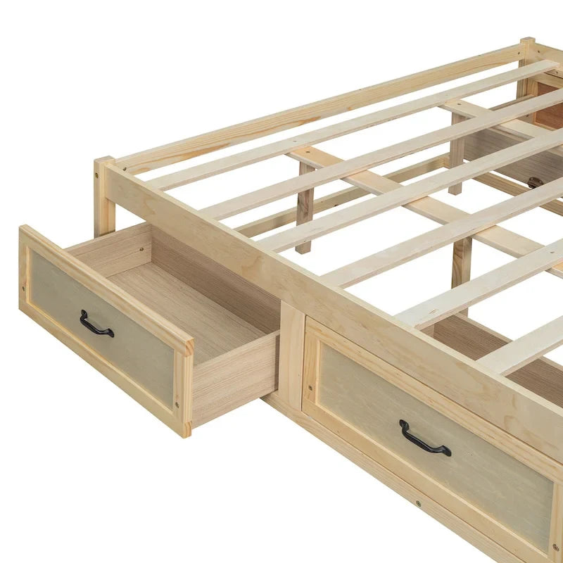Antique White/Gray/Natural Queen Platform Bed with 6 Drawers, No Headboard