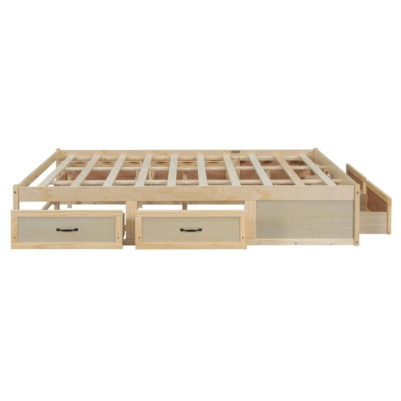 Antique White/Gray/Natural Queen Platform Bed with 6 Drawers, No Headboard