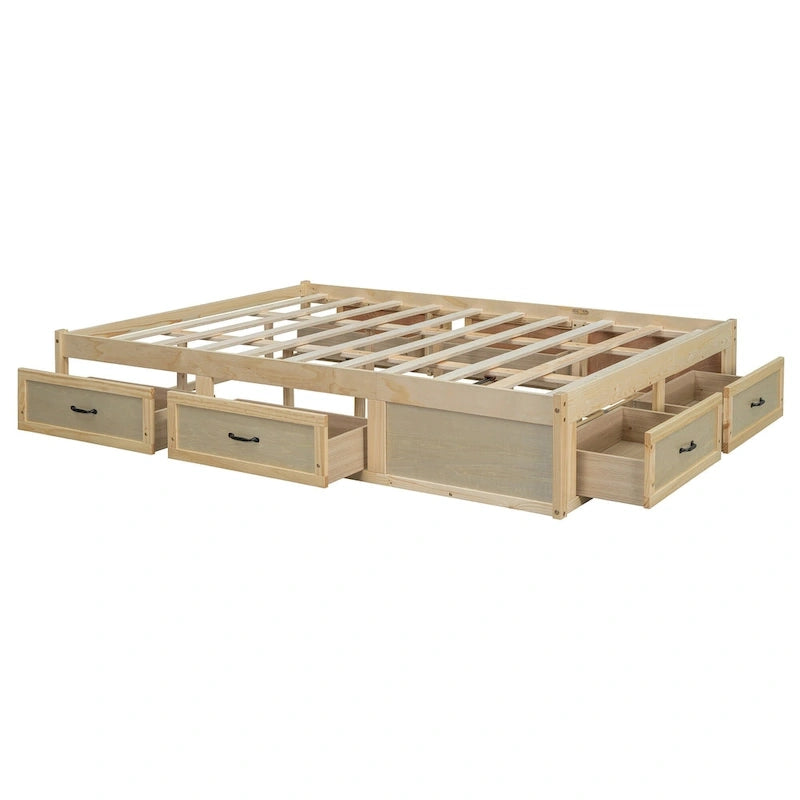 Antique White/Gray/Natural Queen Platform Bed with 6 Drawers, No Headboard