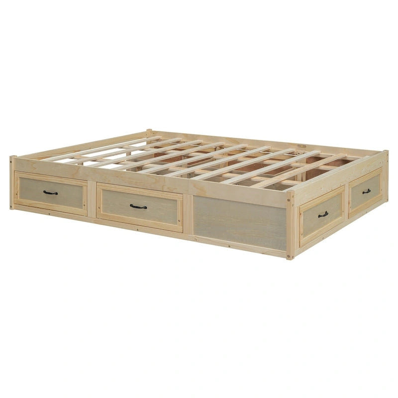 Antique White/Gray/Natural Queen Platform Bed with 6 Drawers, No Headboard