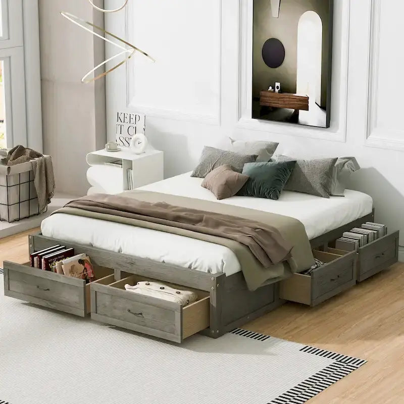 Antique White/Gray/Natural Queen Platform Bed with 6 Drawers, No Headboard