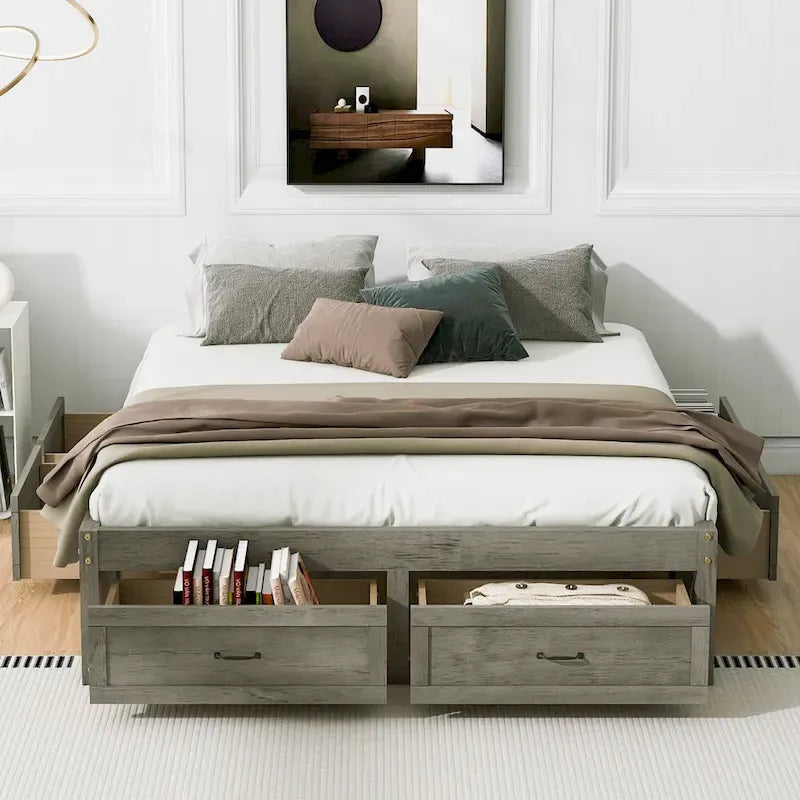 Antique White/Gray/Natural Queen Platform Bed with 6 Drawers, No Headboard