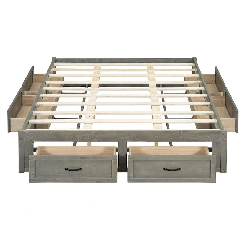 Antique White/Gray/Natural Queen Platform Bed with 6 Drawers, No Headboard