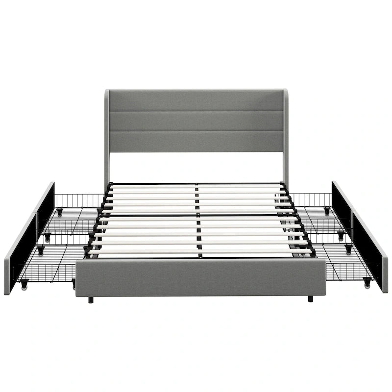 Light Gray Queen Upholstered Storage Bed with 4 Drawers, For 2, Linen