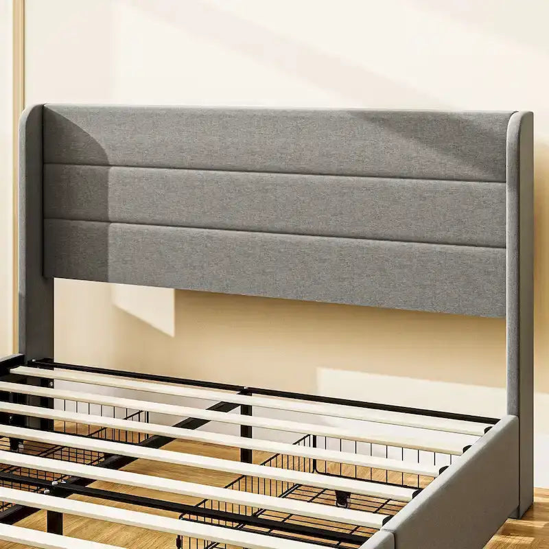 Light Gray Queen Upholstered Storage Bed with 4 Drawers, For 2, Linen