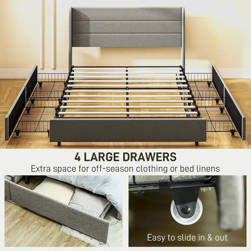 Light Gray Queen Upholstered Storage Bed with 4 Drawers, For 2, Linen