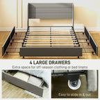 Light Gray Queen Upholstered Storage Bed with 4 Drawers, For 2, Linen