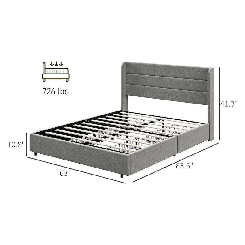 Light Gray Queen Upholstered Storage Bed with 4 Drawers, For 2, Linen