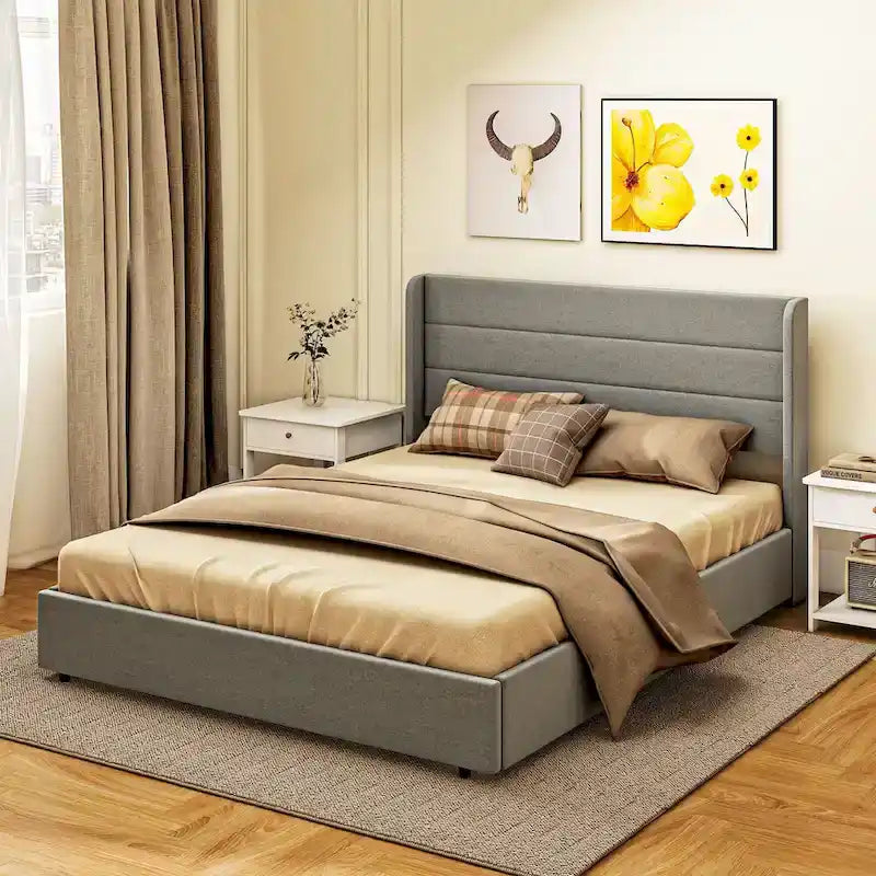 Light Gray Queen Upholstered Storage Bed with 4 Drawers, For 2, Linen