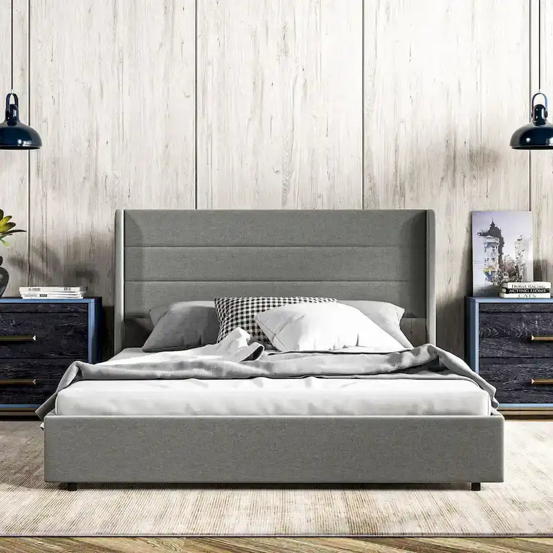 Light Gray Queen Upholstered Storage Bed with 4 Drawers, For 2, Linen