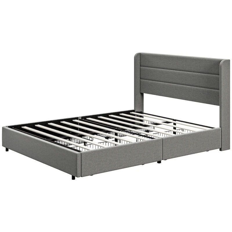 Light Gray Queen Upholstered Storage Bed with 4 Drawers, For 2, Linen