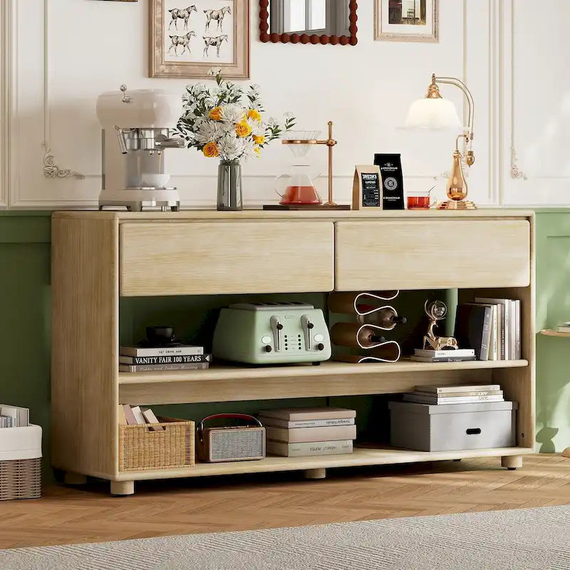 Natural Wood Wash Vintage Console Table, 2 Drawers & 2 Shelves