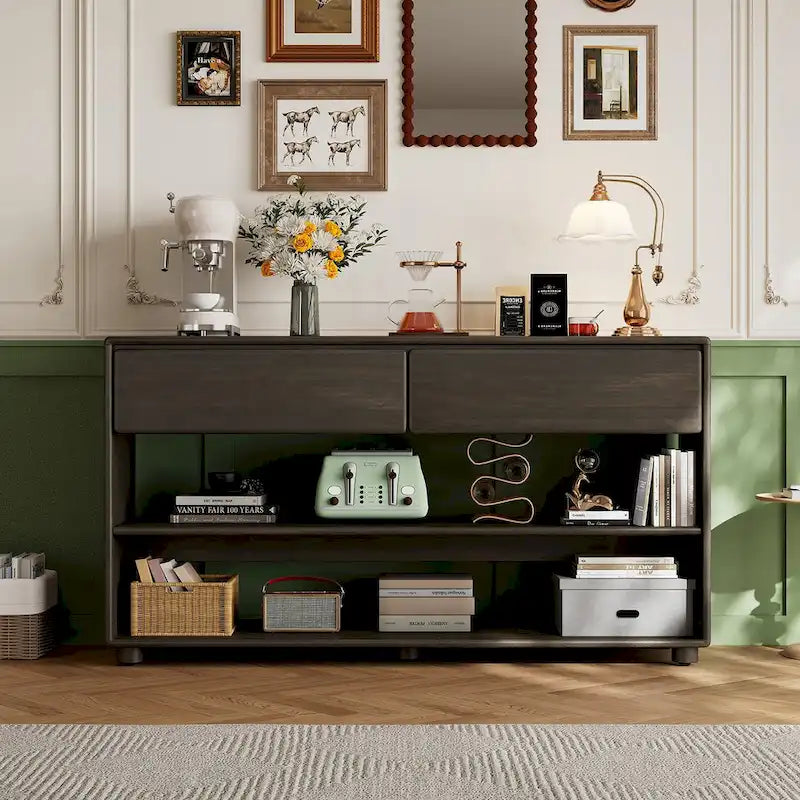 Natural Wood Wash Vintage Console Table, 2 Drawers & 2 Shelves