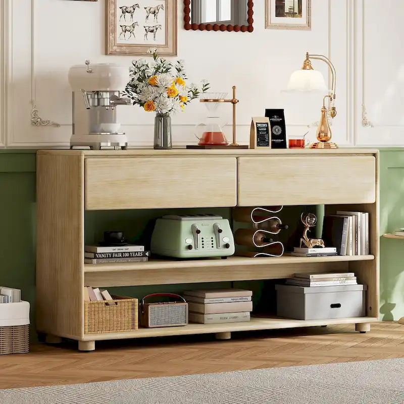 Natural Wood Wash Vintage Console Table, 2 Drawers & 2 Shelves