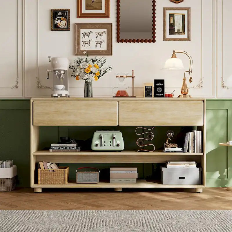Natural Wood Wash Vintage Console Table, 2 Drawers & 2 Shelves