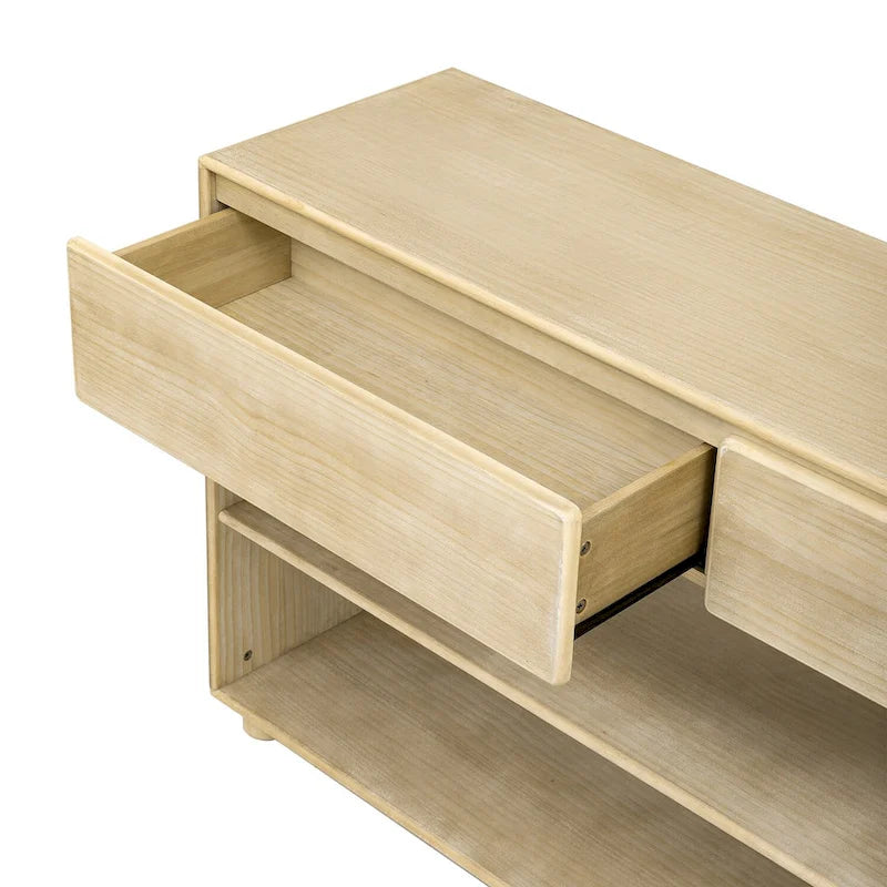 Natural Wood Wash Vintage Console Table, 2 Drawers & 2 Shelves