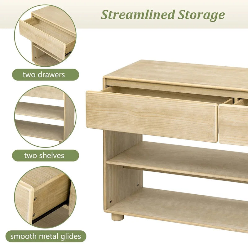 Natural Wood Wash Vintage Console Table, 2 Drawers & 2 Shelves