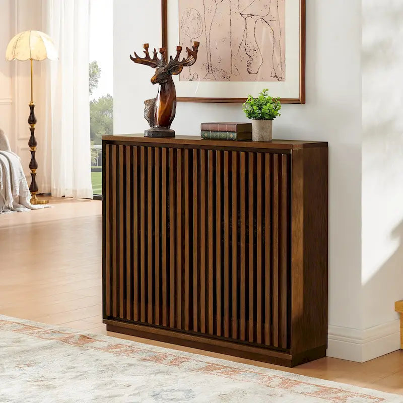 Walnut Brown / Black Fluted Sideboard Cabinet with Outlet Holes, 2-Door