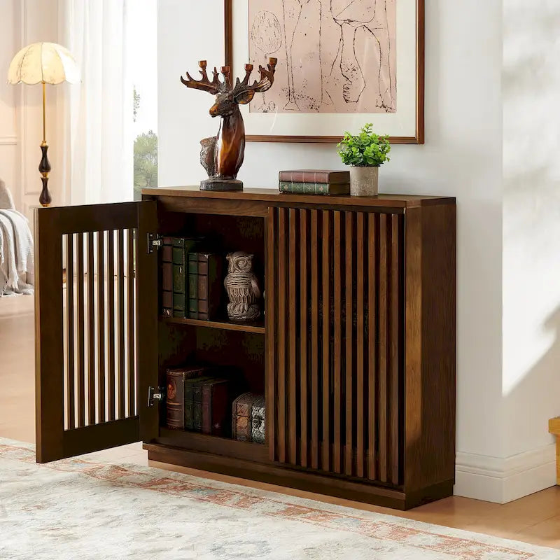 Walnut Brown / Black Fluted Sideboard Cabinet with Outlet Holes, 2-Door