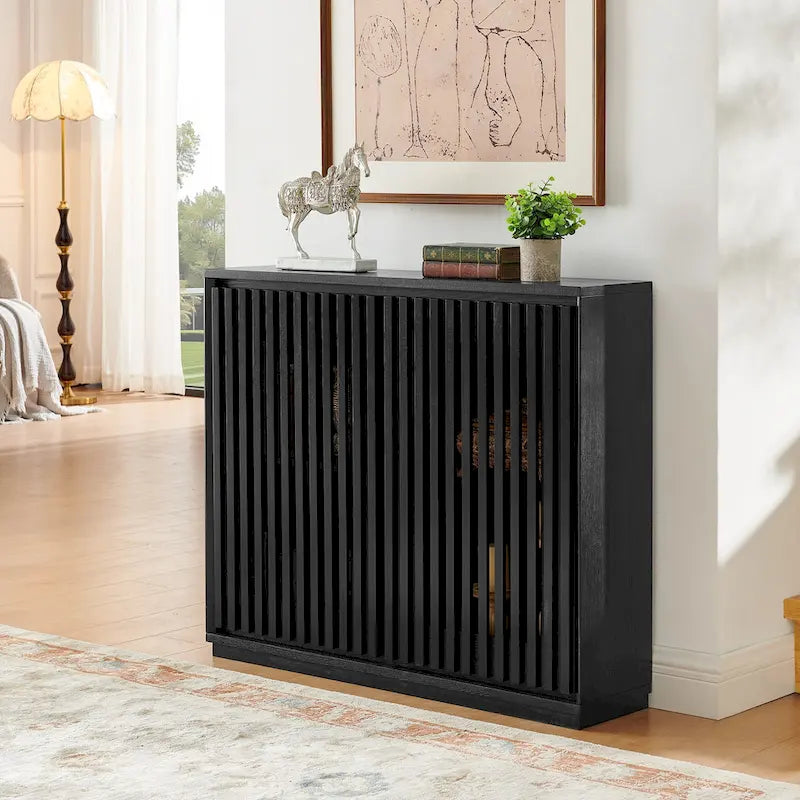Walnut Brown / Black Fluted Sideboard Cabinet with Outlet Holes, 2-Door