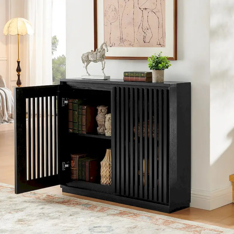 Walnut Brown / Black Fluted Sideboard Cabinet with Outlet Holes, 2-Door