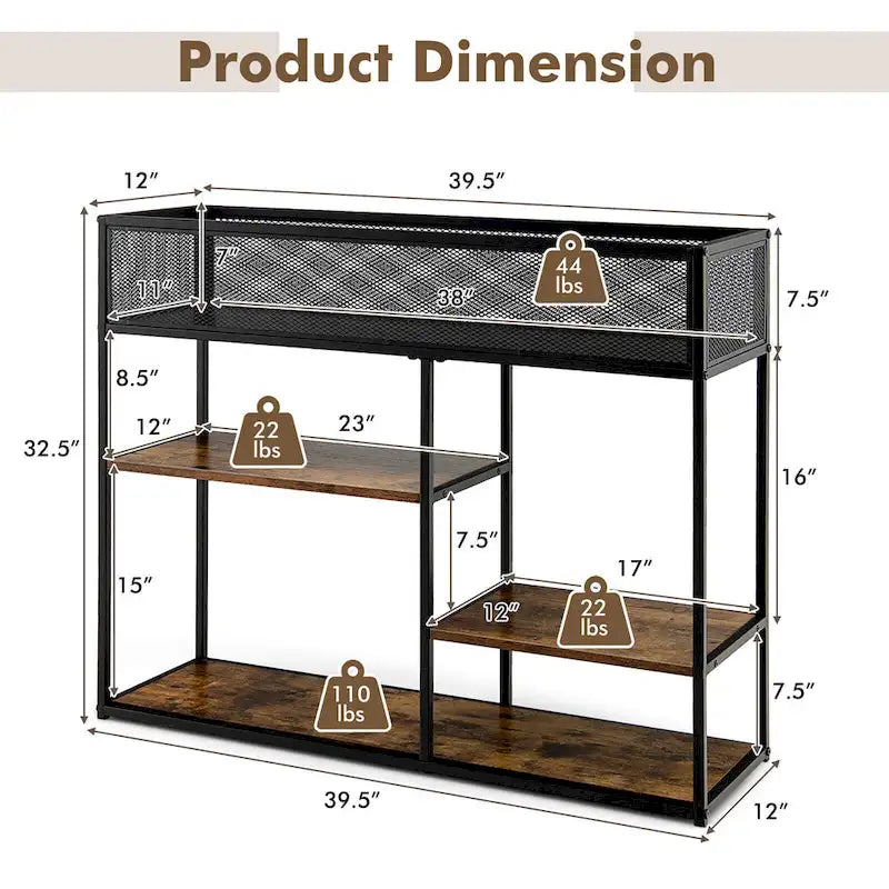 Black 4-Tier Narrow Console Table with Wire Basket