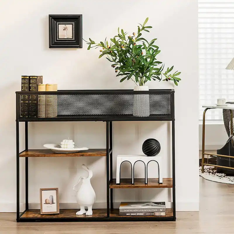 Black 4-Tier Narrow Console Table with Wire Basket
