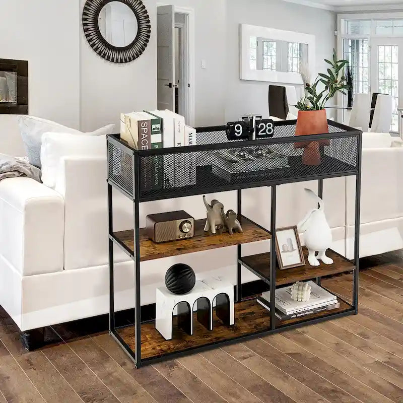 Black 4-Tier Narrow Console Table with Wire Basket